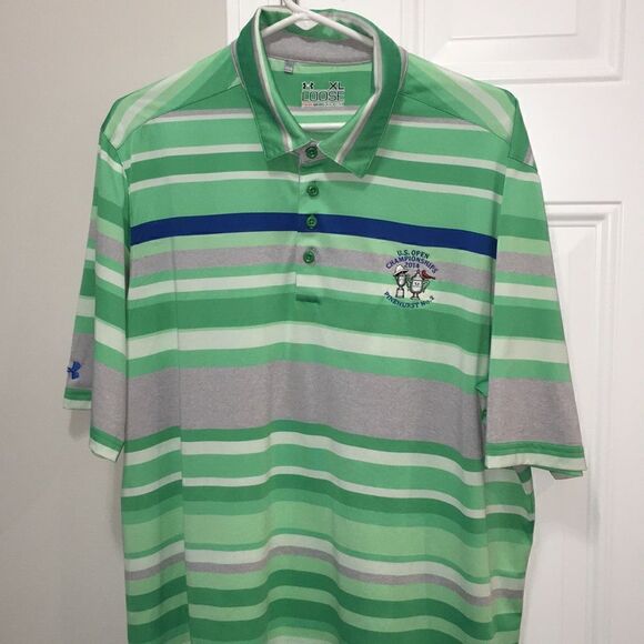Two (2) 2014 US Open Pinehurst Orange & Green Gray Stripe Golf Polo Shirt XL - Picture 2 of 11